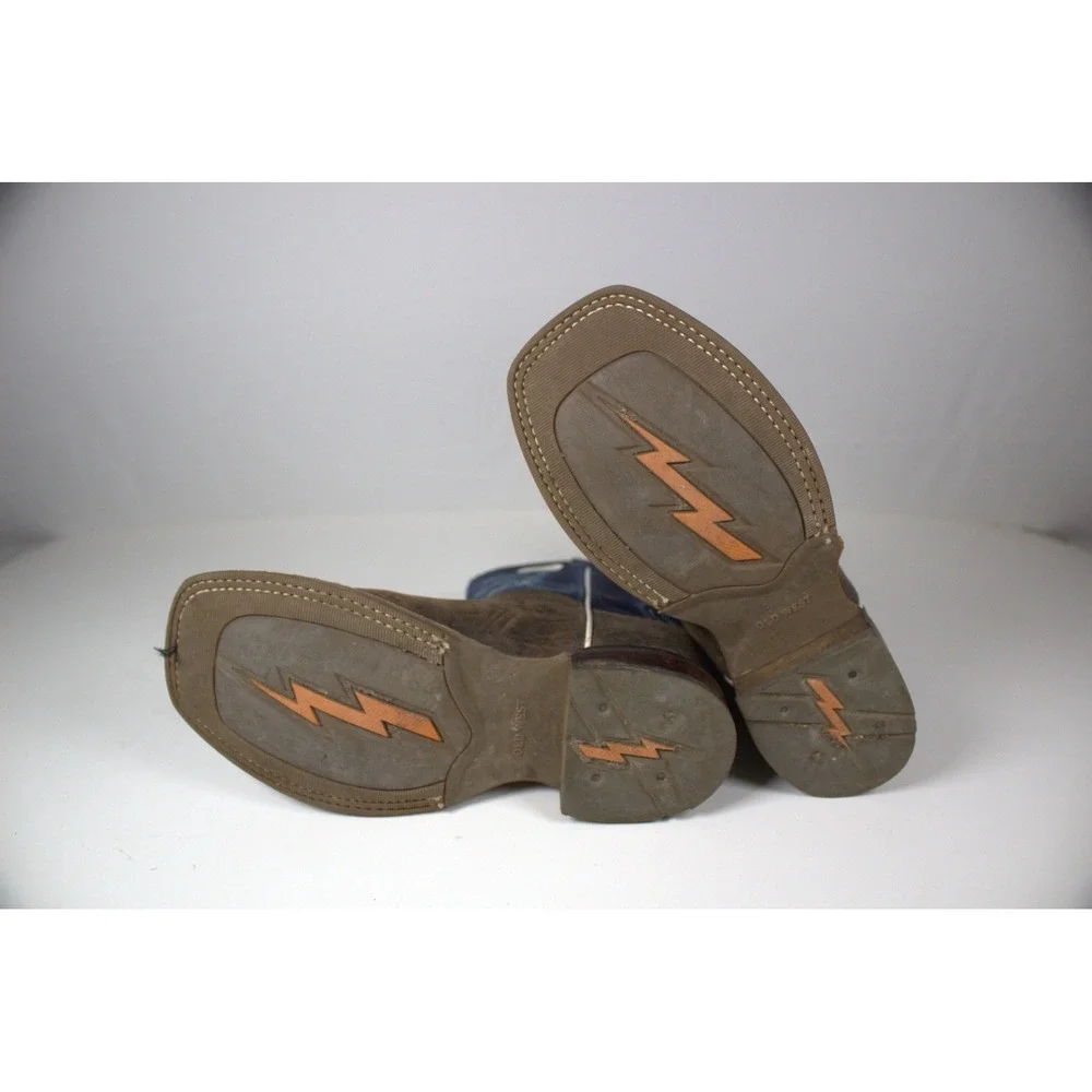 Old West Youth 3 D Western Boots Broad Square Toe Brown Blue Leather Cowboy